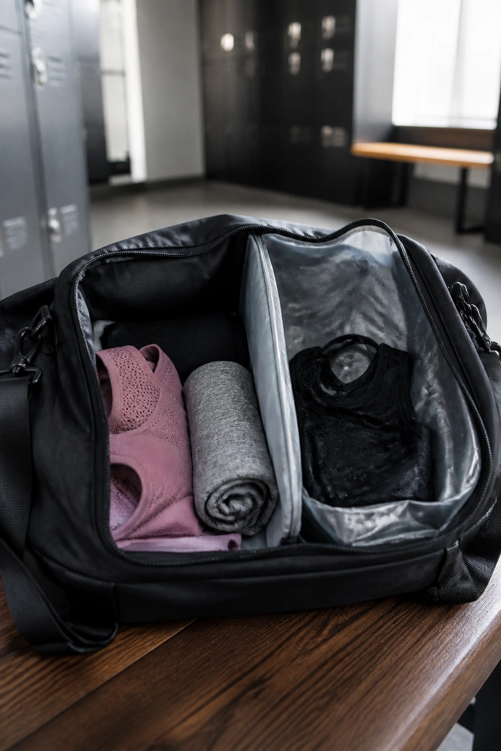 Close-up of a gym bag with separate wet and dry pockets dominating a locker room scene