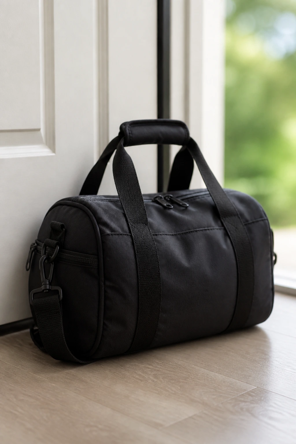 Compact gym bag by a doorway ready to grab