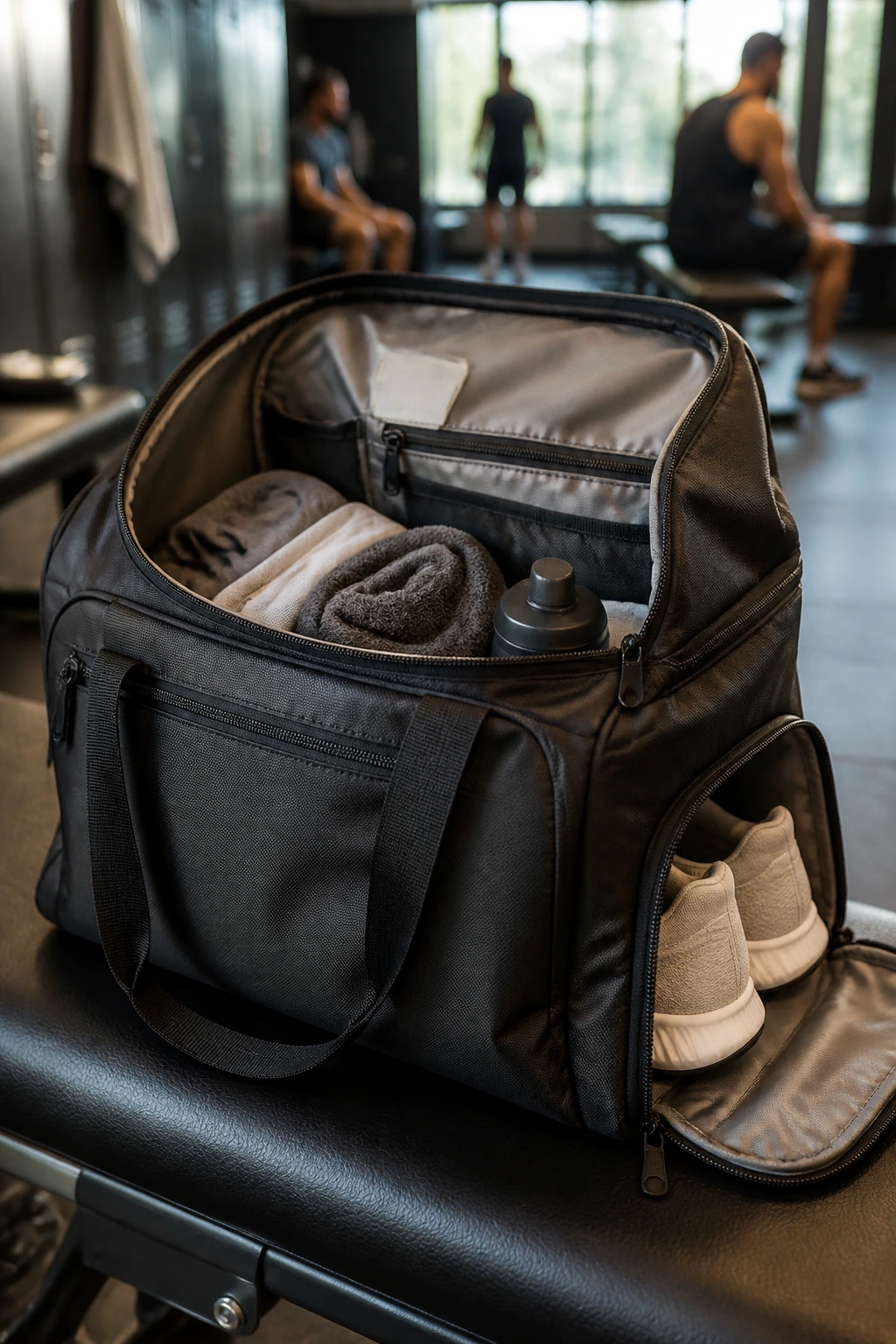 Close-up of a compact gym bag with wide opening on a gym bench
