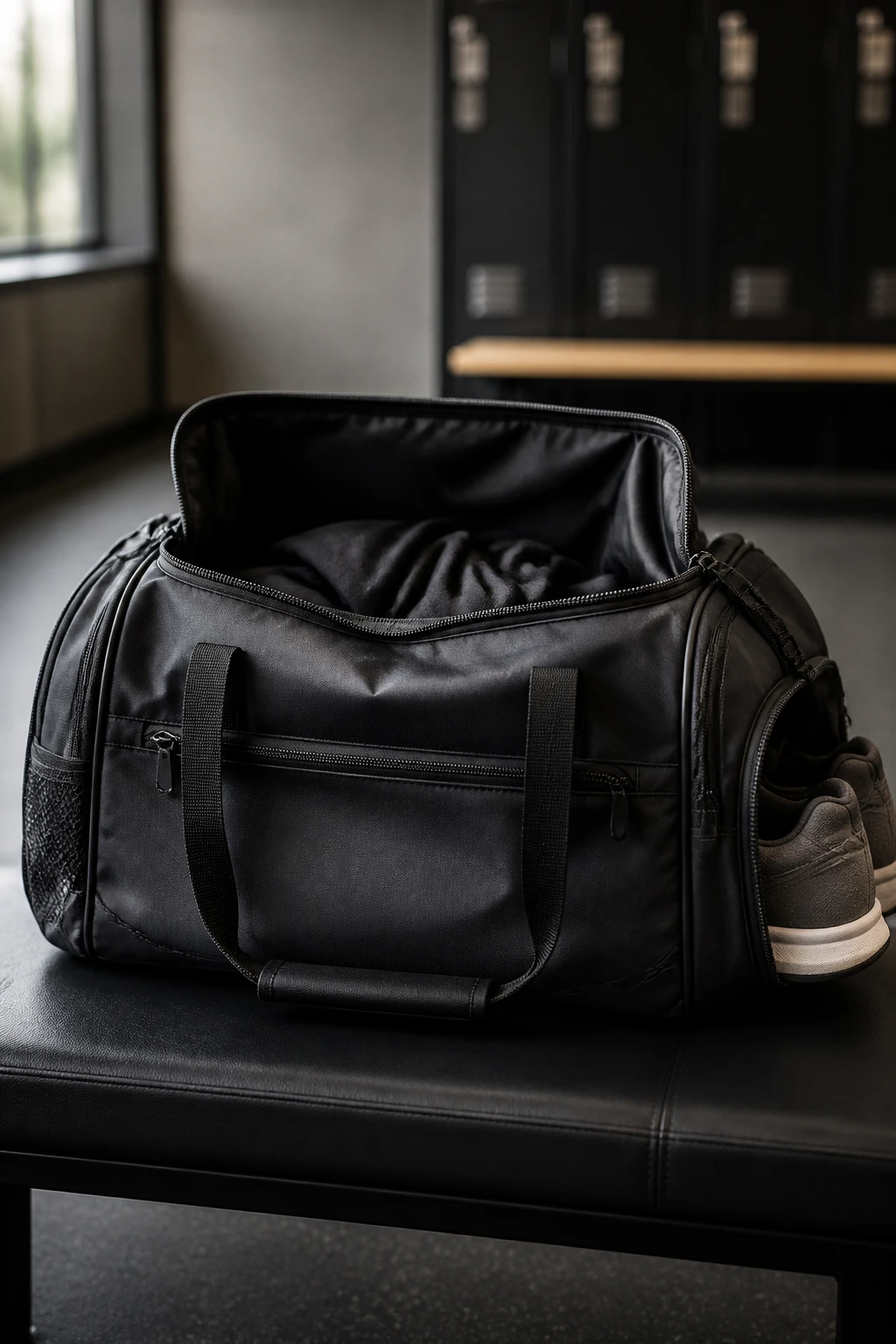 Close-up of a 25-35L gym bag with wide opening in locker-room setting