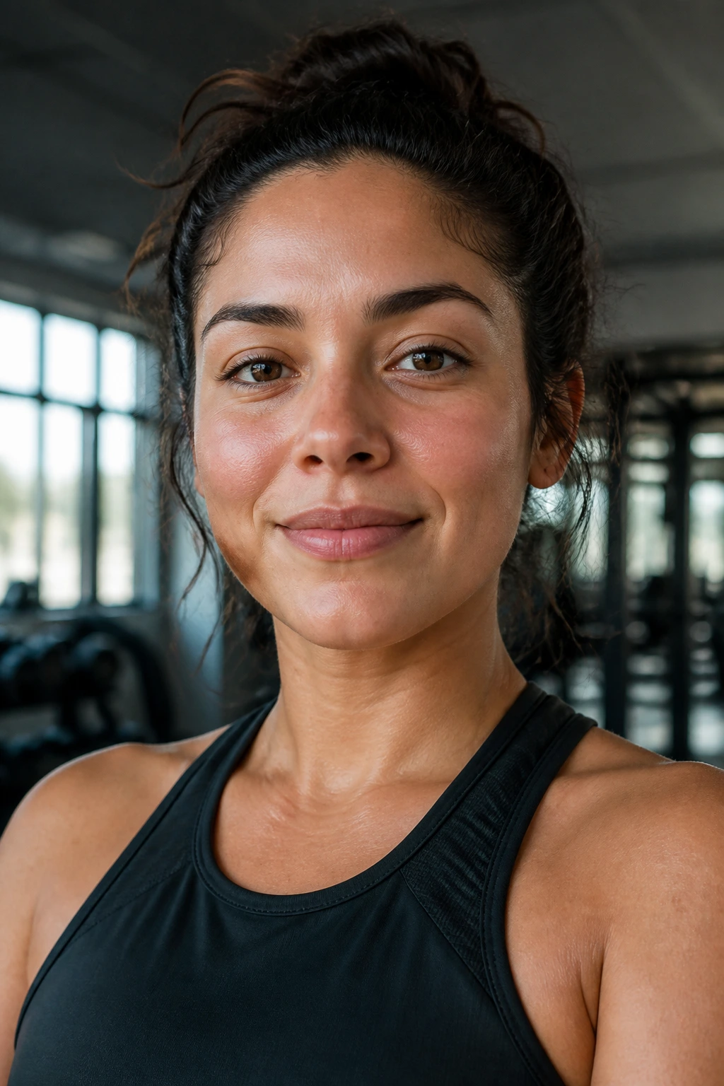 Close-up of a real woman in gym attire with a confident expression in a gym
