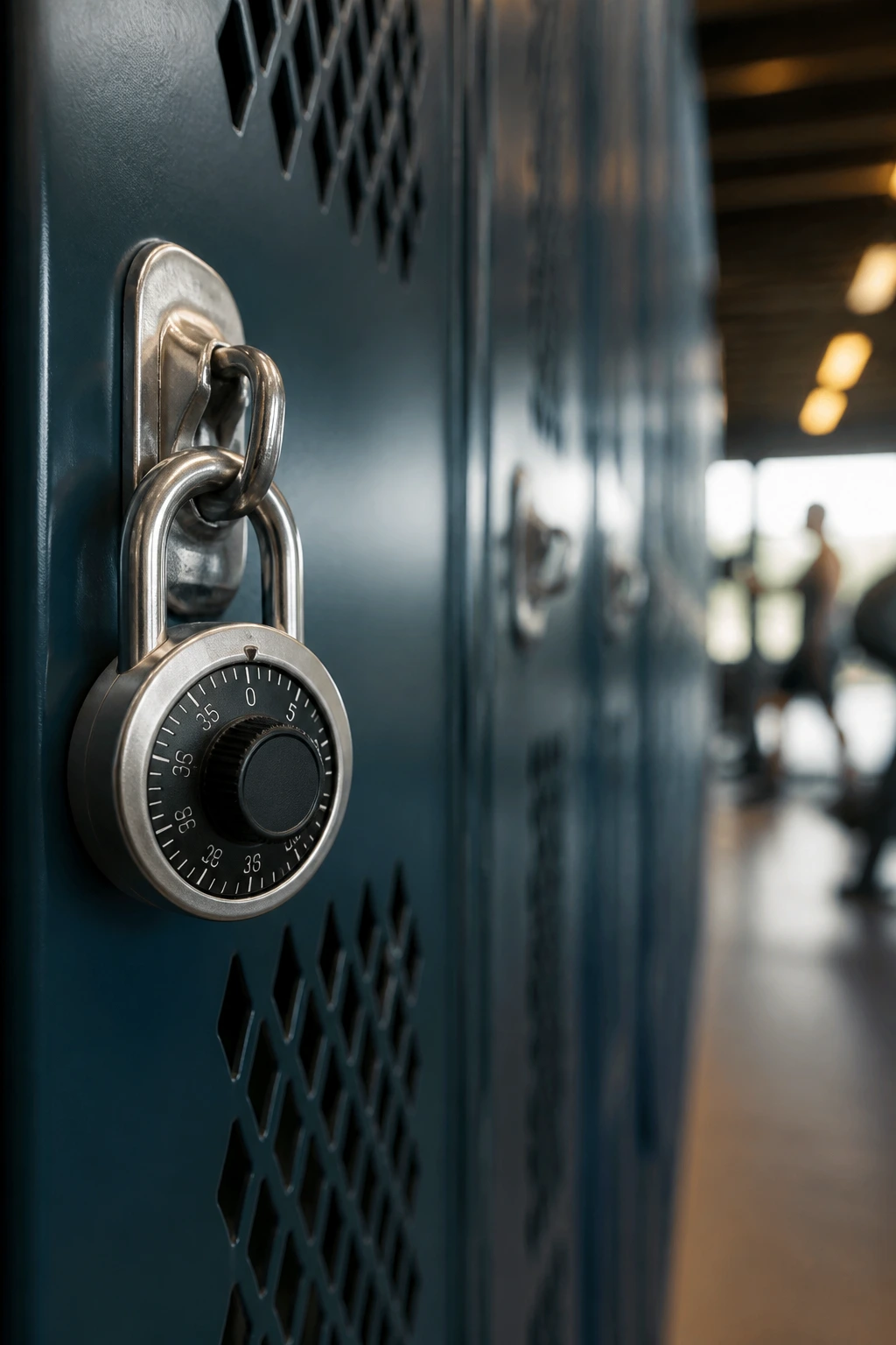 Close-up of a combination padlock on a gym locker