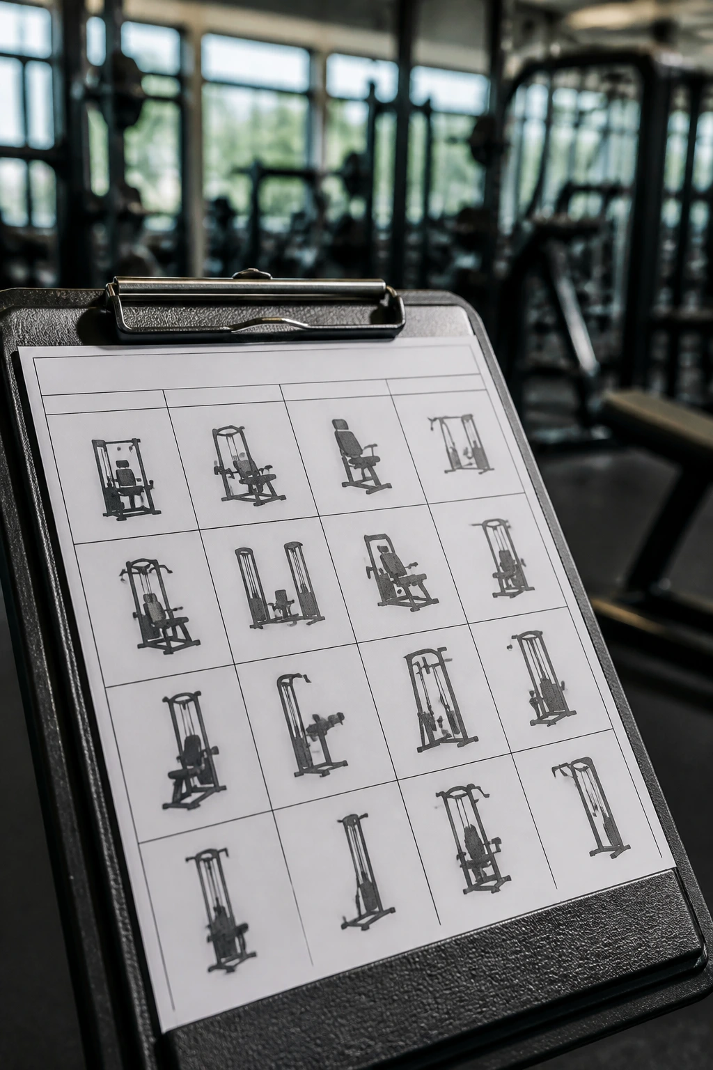 Close-up calendar grid with machine silhouettes in a gym setting