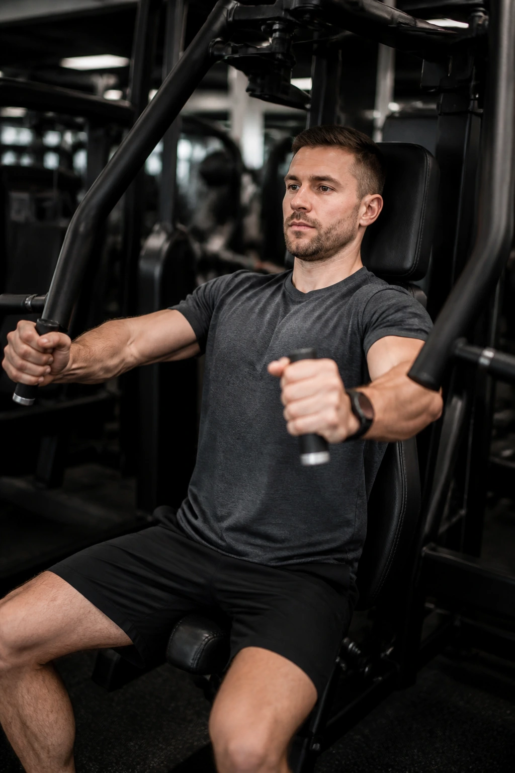 Mid-shot of a person using a chest press machine in a gym