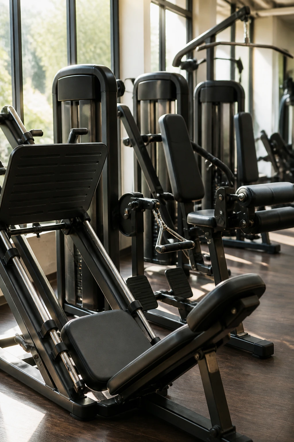 Close-up of gym machines lined up in a bright gym, no people