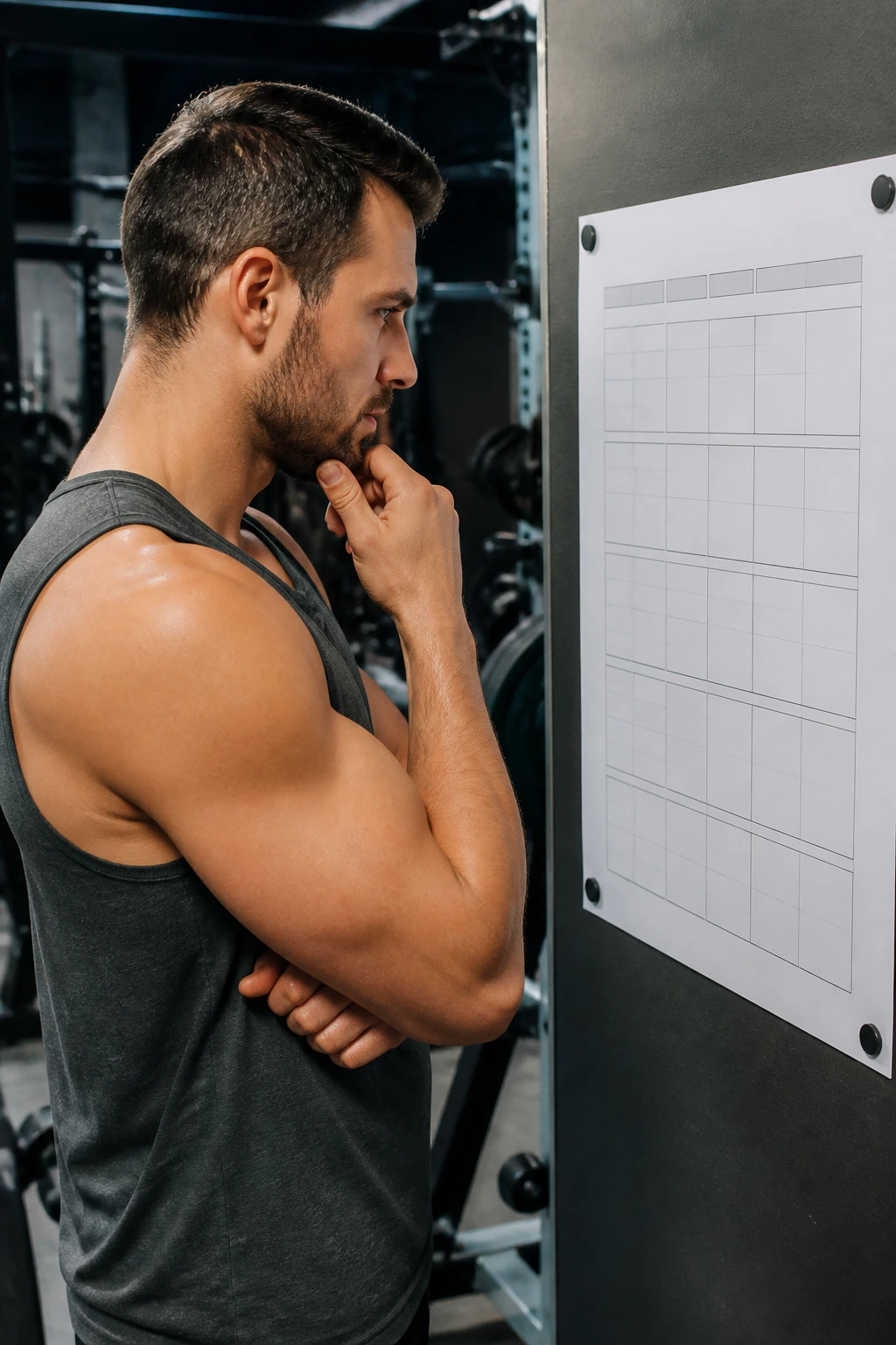 Medium close-up of a person reading a gym plan on the wall, plan shows abstract boxes