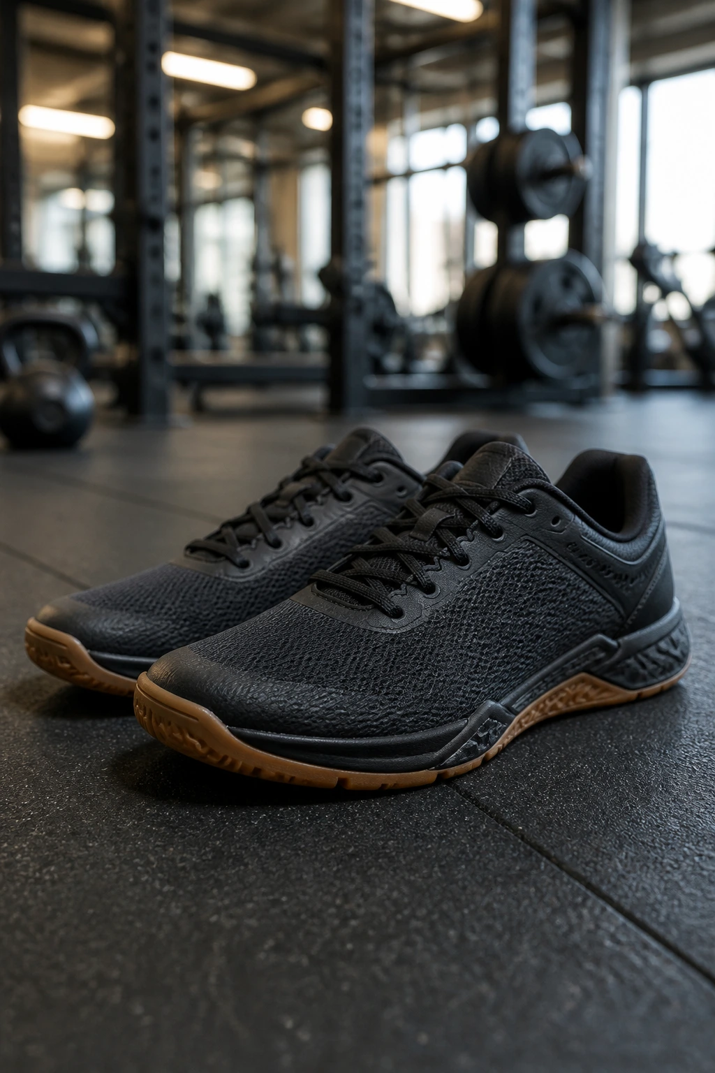 Close-up of cross-training shoes on gym floor