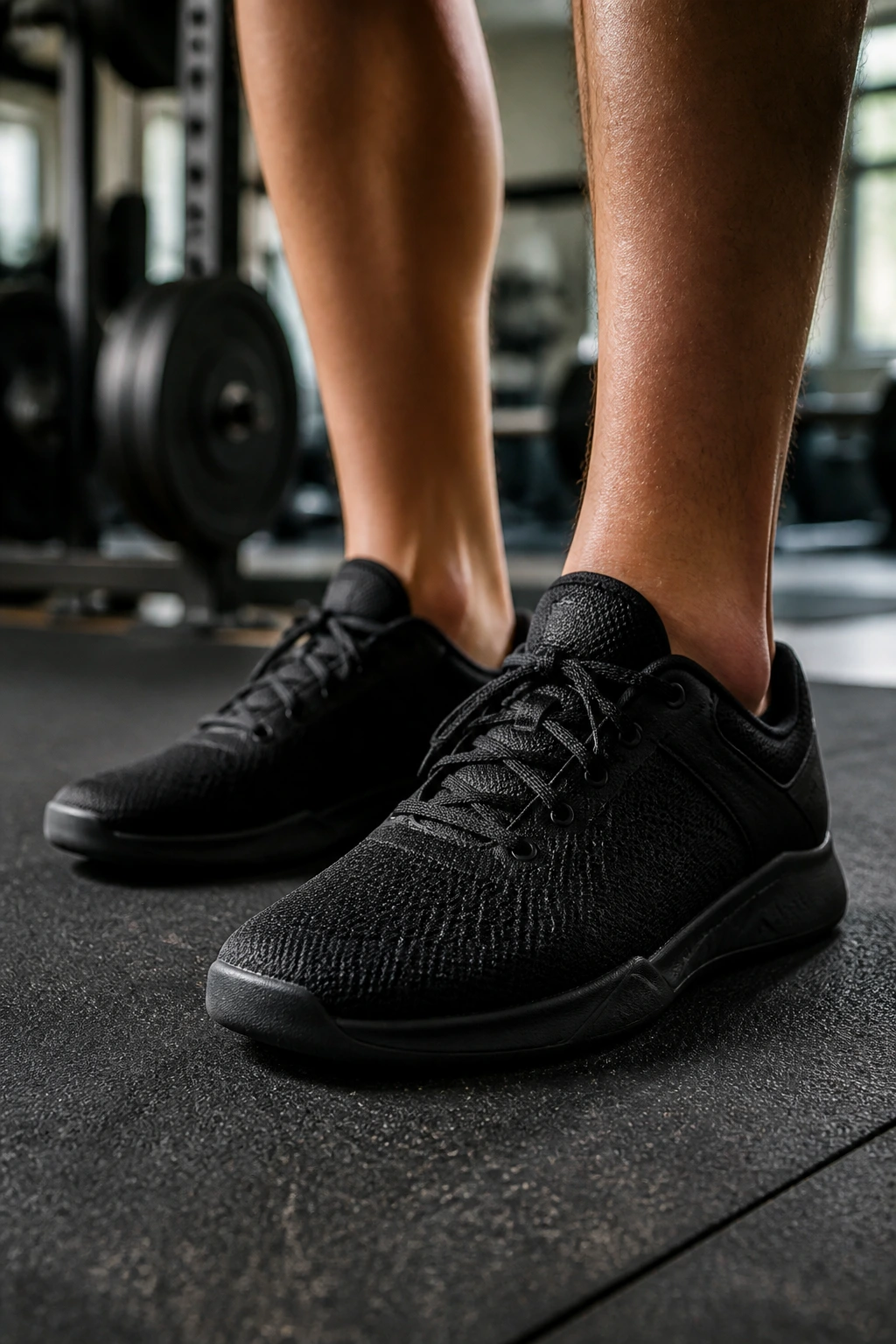 Feet in flat-soled gym shoes on gym floor