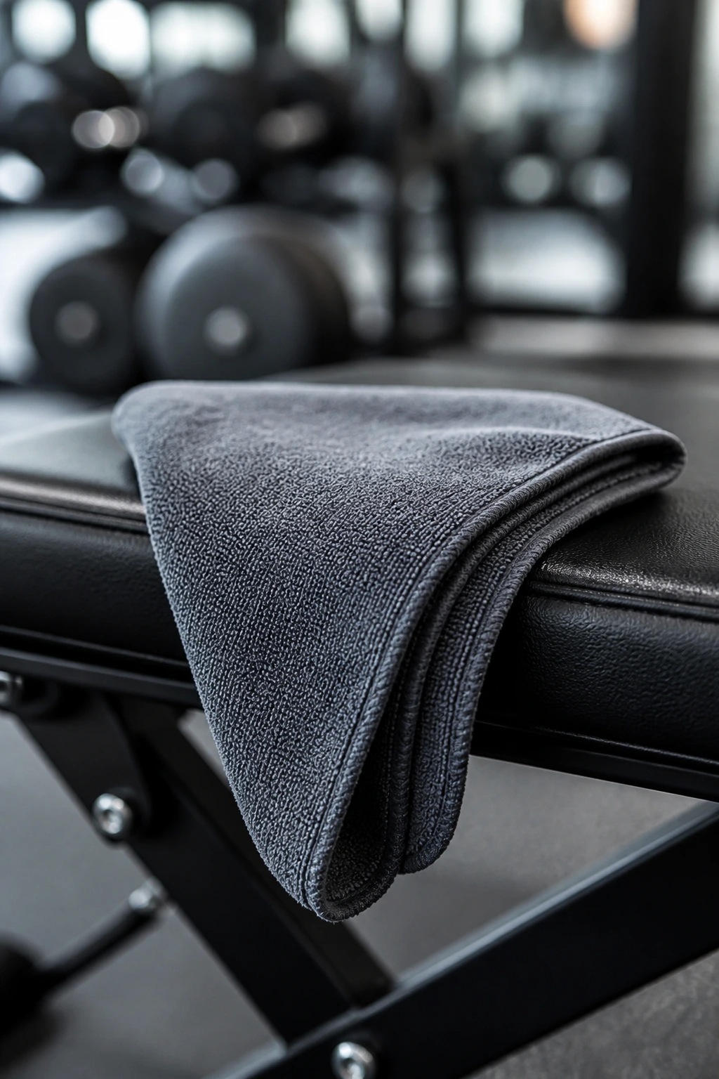 Compact towel folded over gym bench in gym setting