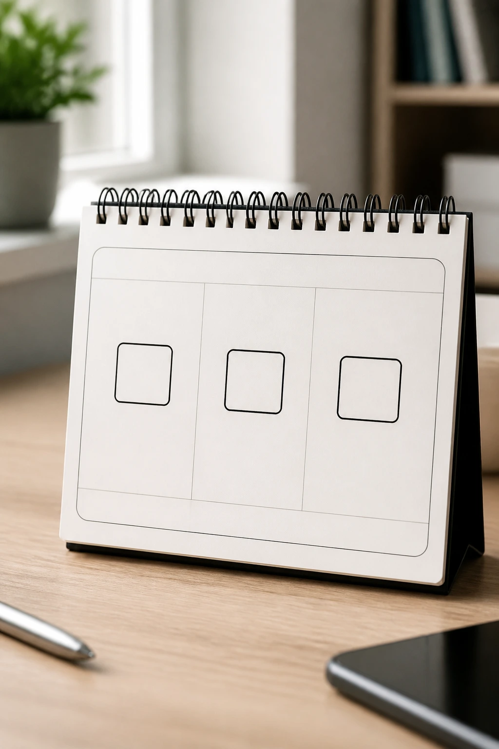 Close-up of a blank habit calendar with checkboxes on desk in home office