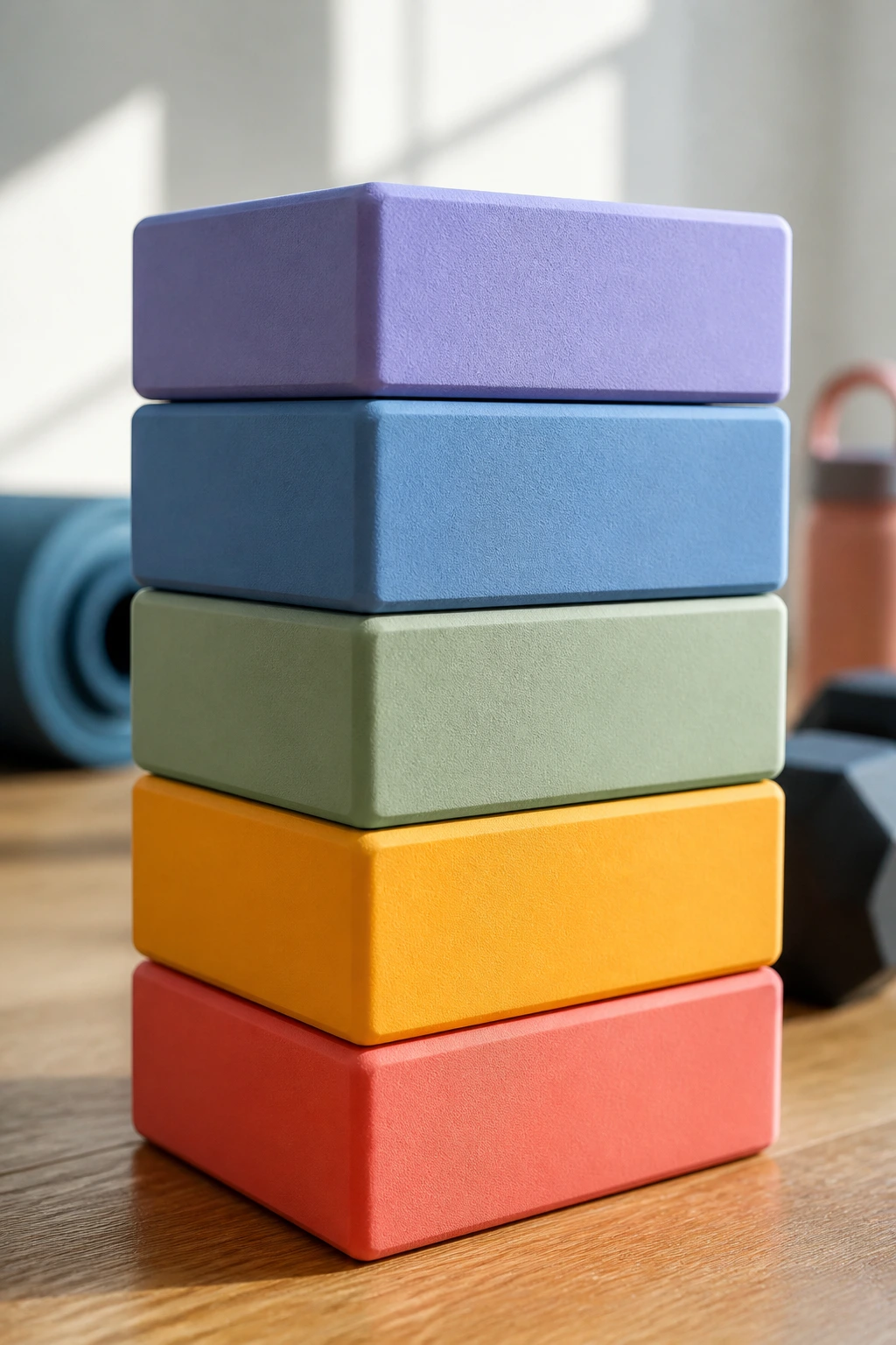 Color-coded habit blocks stacked on a desk, no text