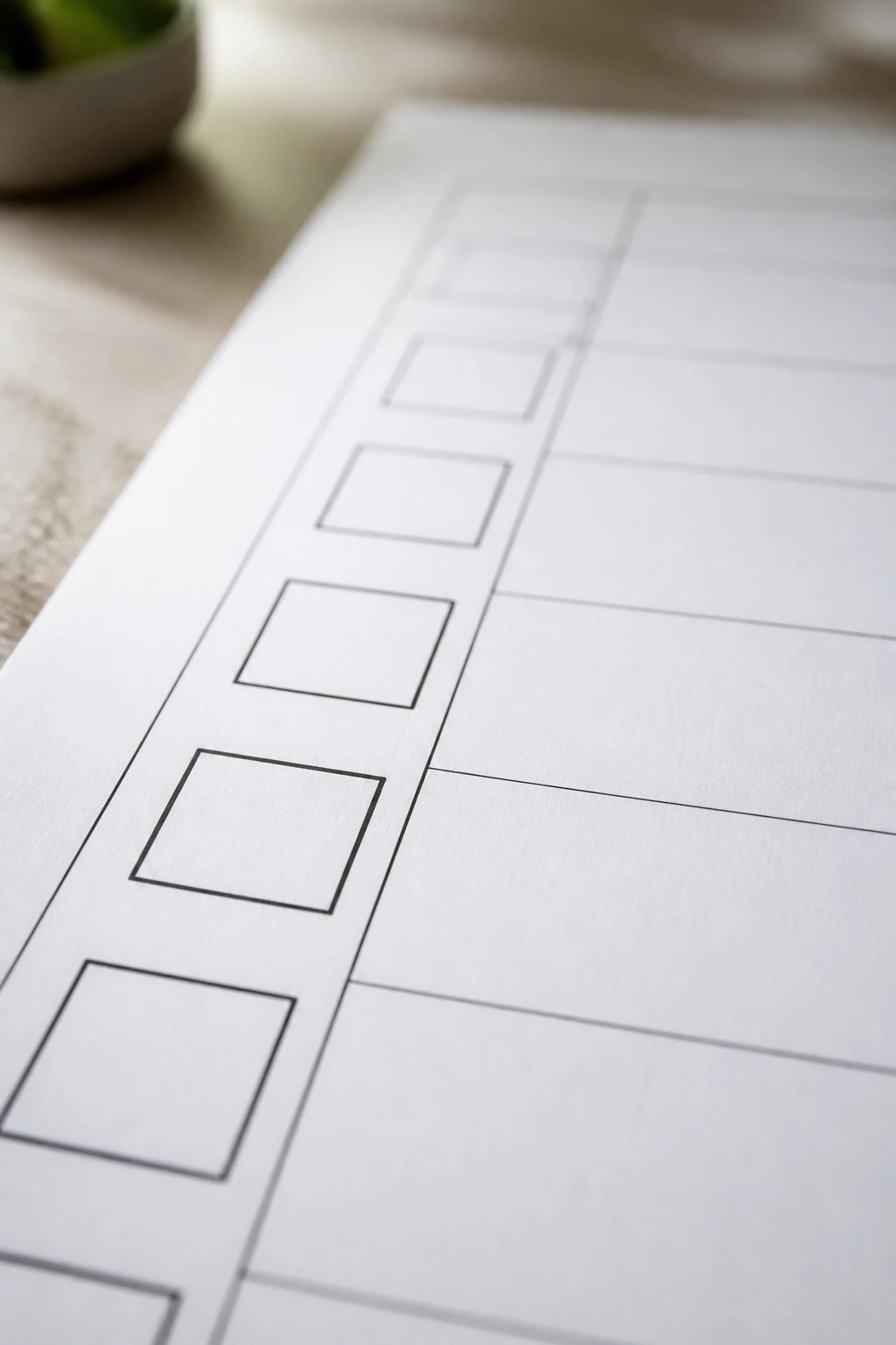 Close-up of a sheet with empty checkboxes on a desk