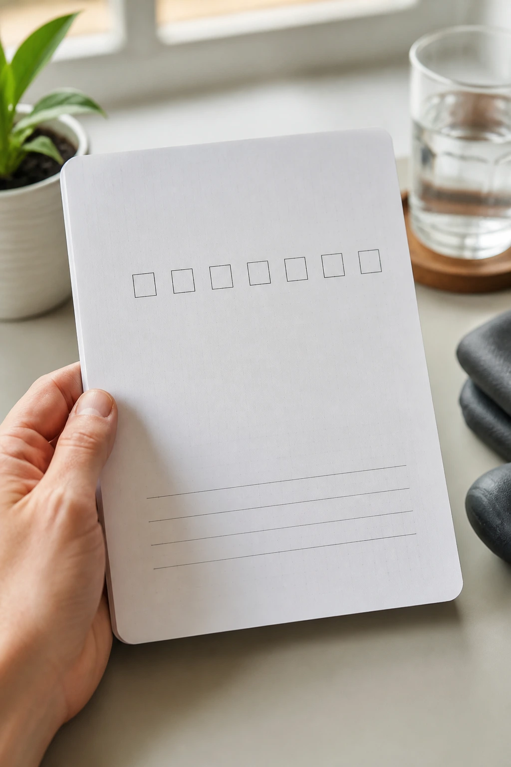 Close-up of a habit checklist page with empty checkboxes on a desk