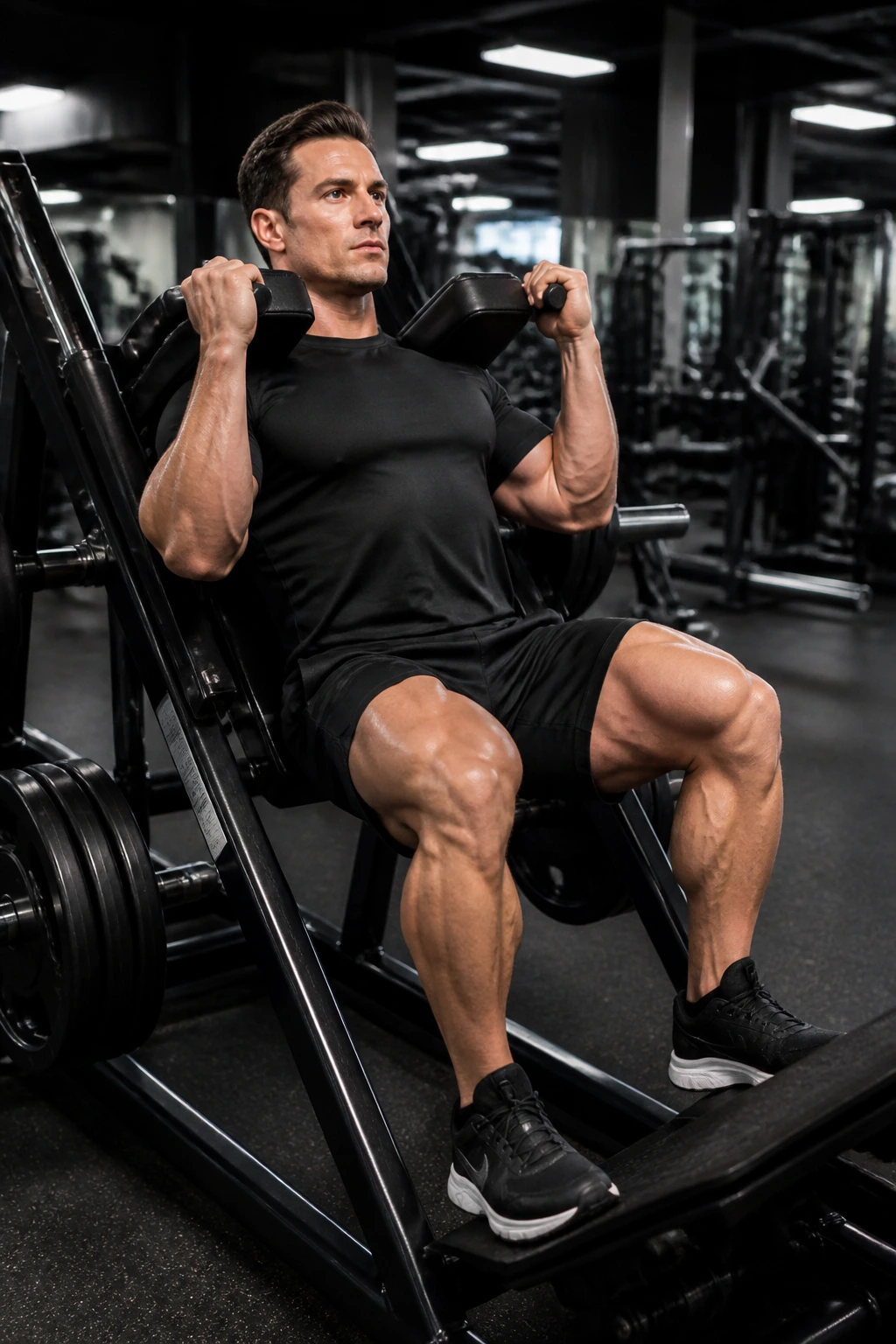 Medium close-up of hack squat on machine in gym