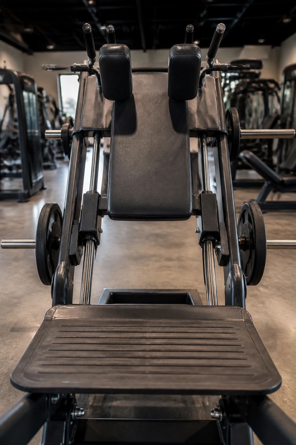 Close-up of hack squat machine platform and shoulder pads in a gym