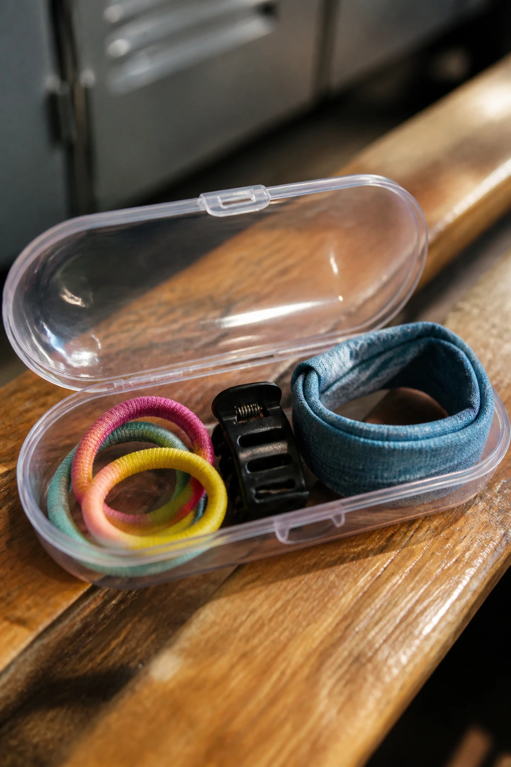 Close-up of hair ties, a clip, and a headband arranged in a pill case on a gym bench