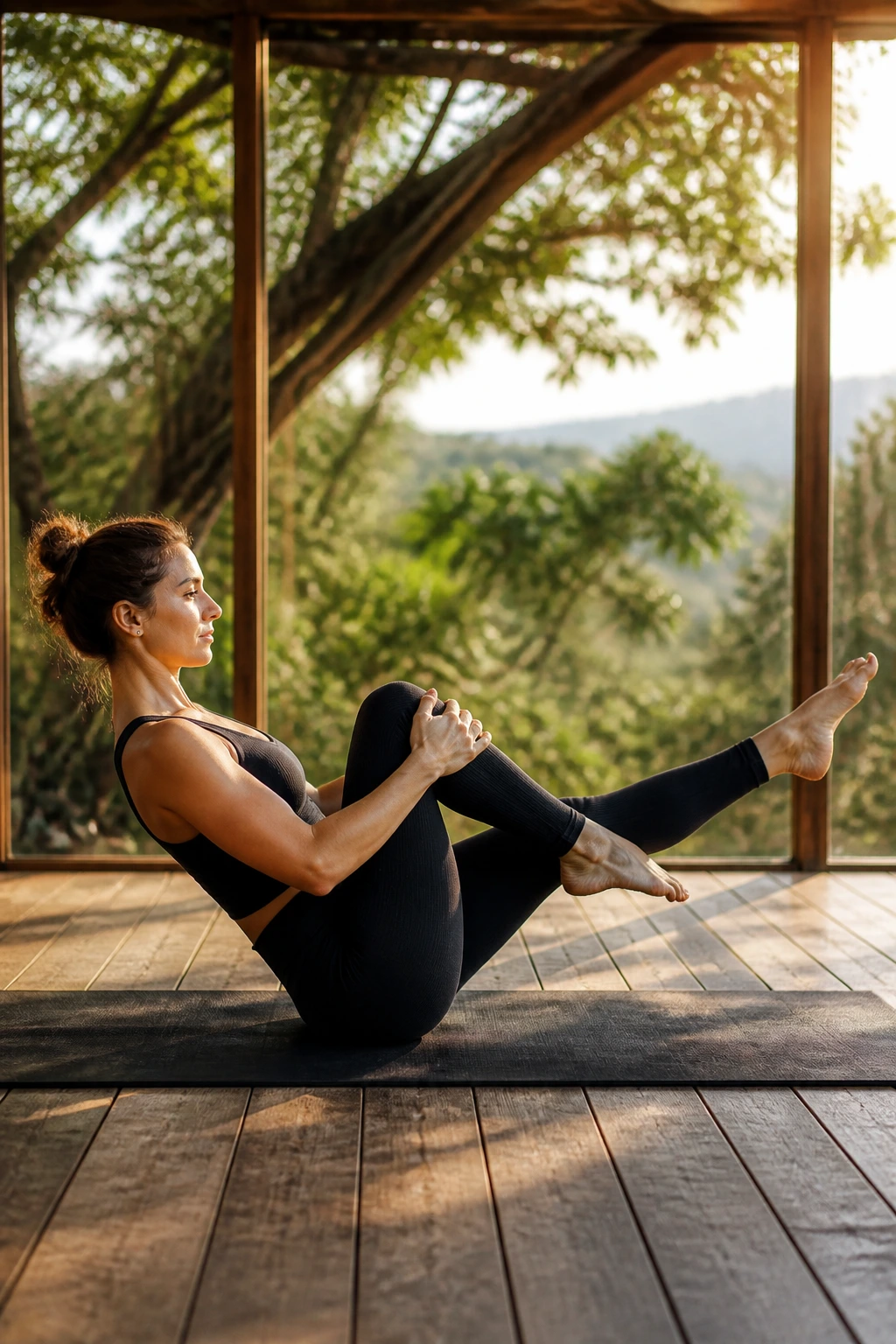 Person in half boat pose with extended leg on a sunlit wooden deck