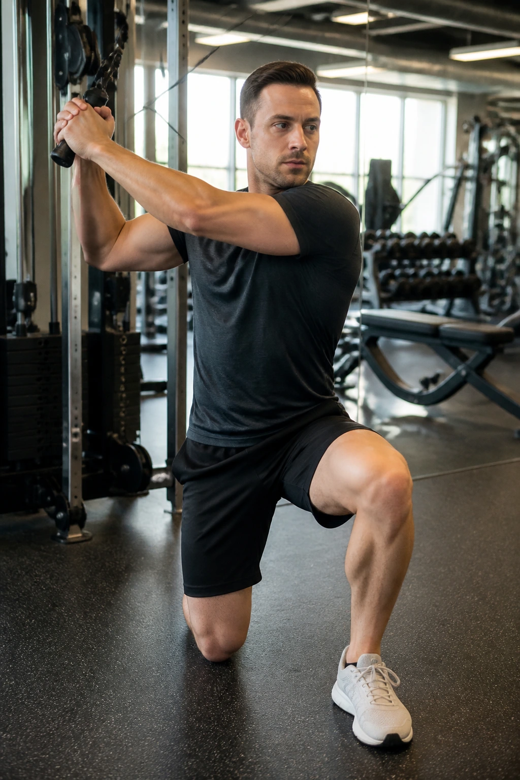 Half-kneeling cable chop performed with diagonal across-torso movement in gym setting