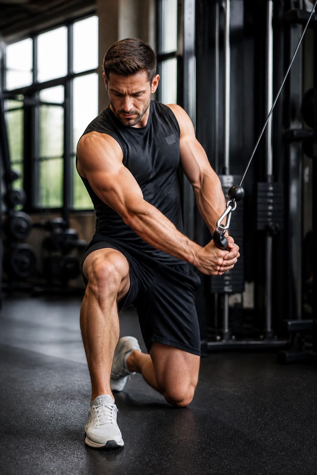 Medium close-up of a person performing half-kneeling cable chop in a gym.