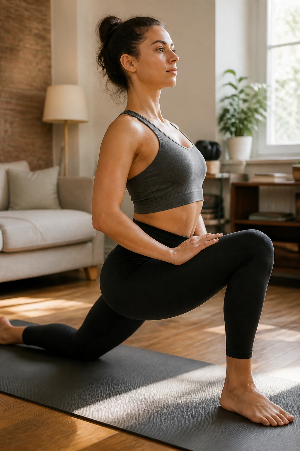 Person in half-kneeling hip flexor stretch with upright torso