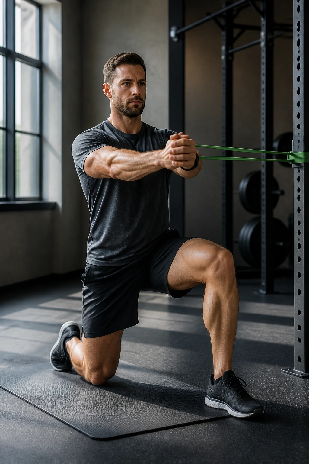 Person in half-kneeling stance performing a Pallof hold with a resistance band