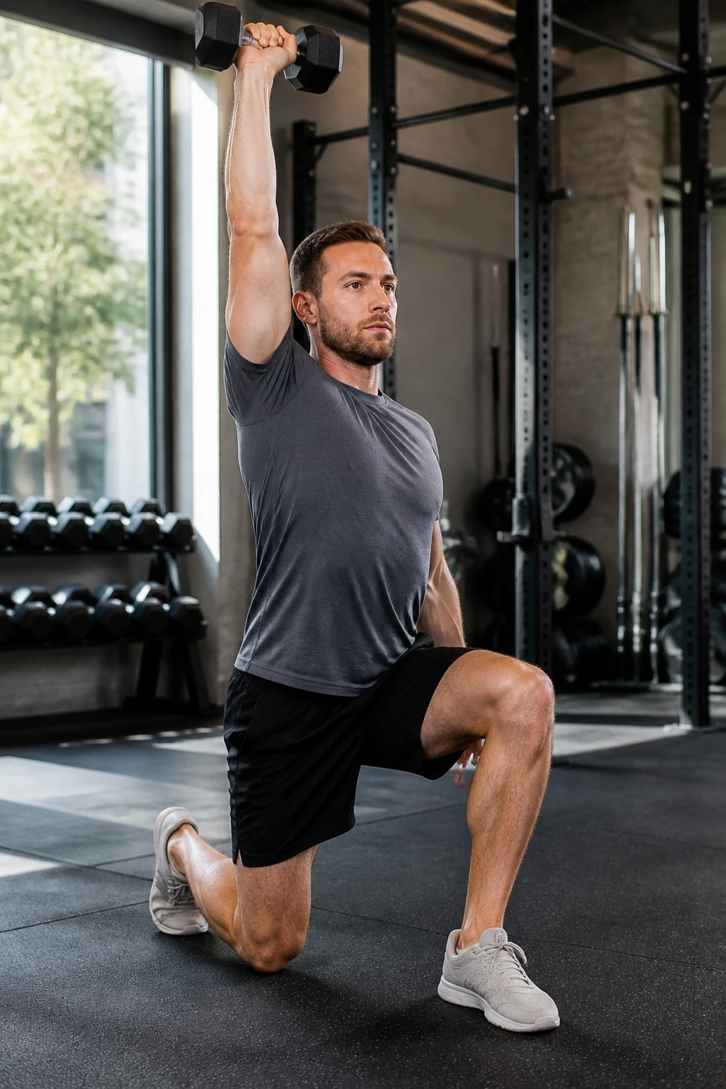 Real person performing half-kneeling press with a dumbbell overhead
