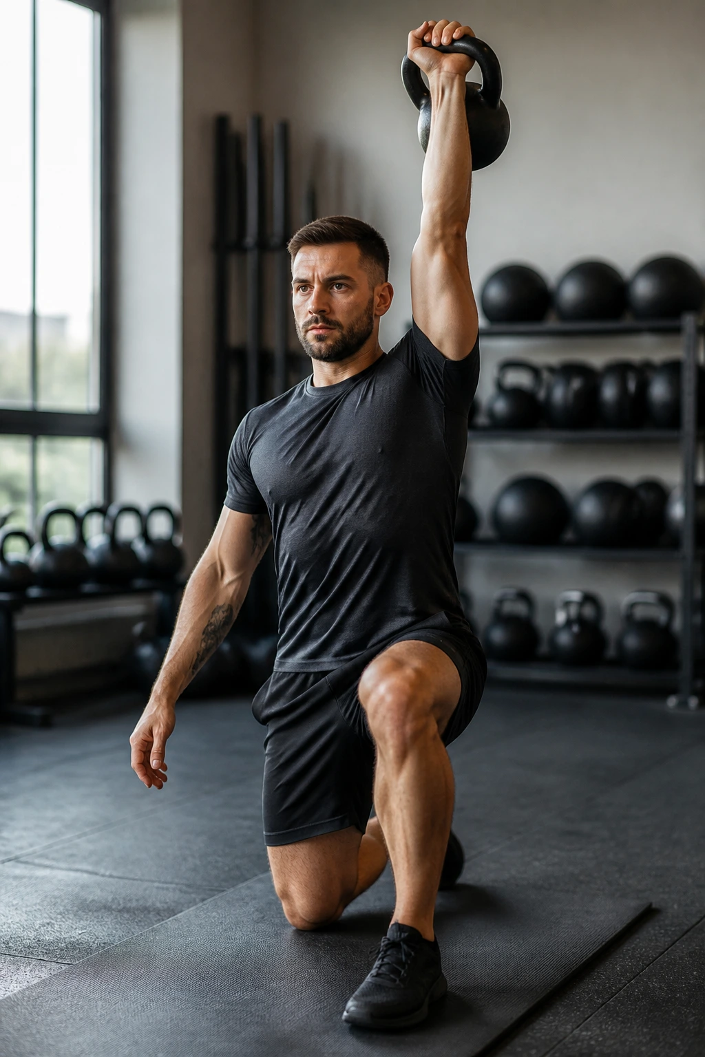 Athlete in half-kneeling position performing kettlebell press