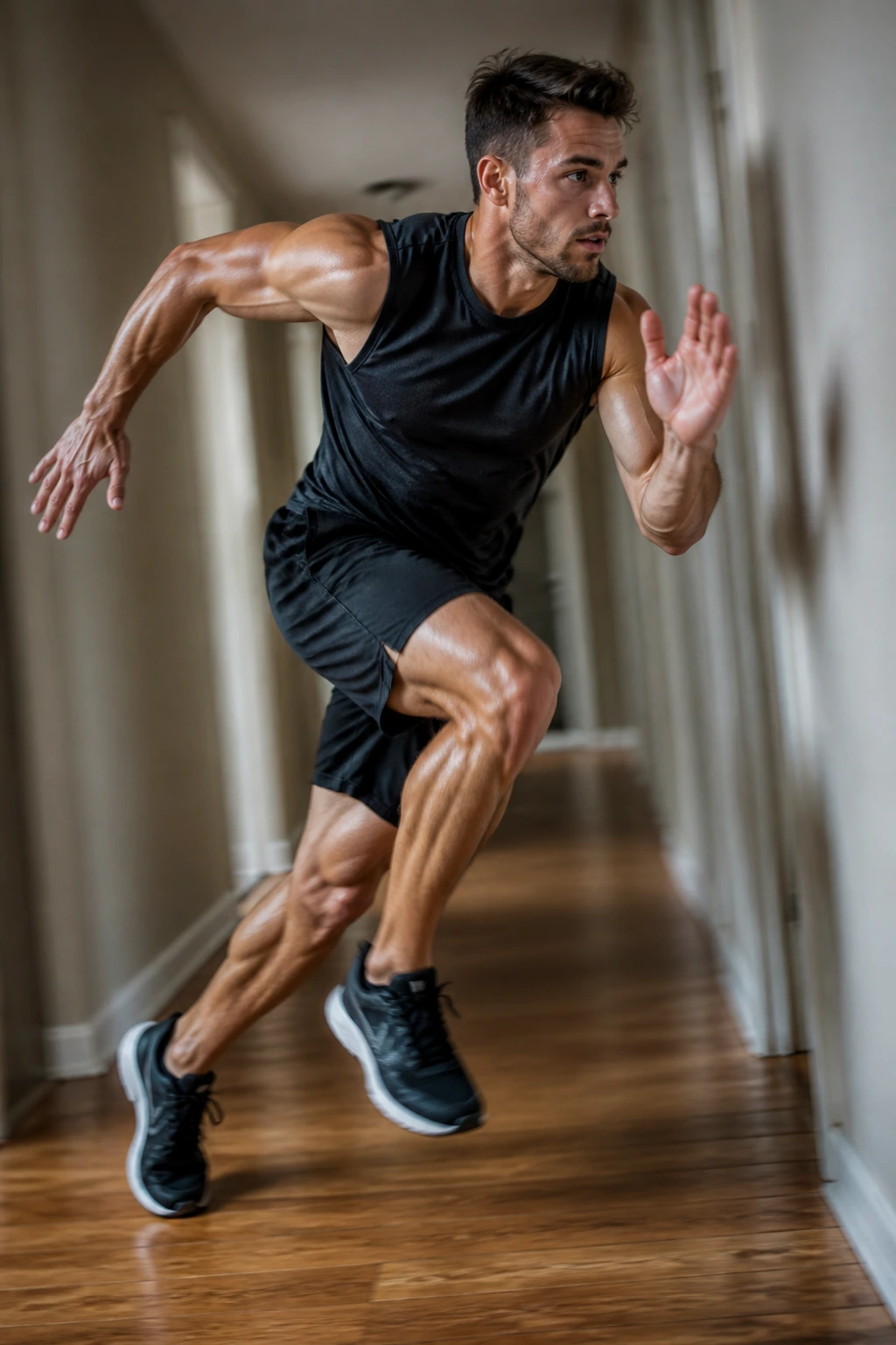 Athlete sprinting in a hallway for shuttle sprints