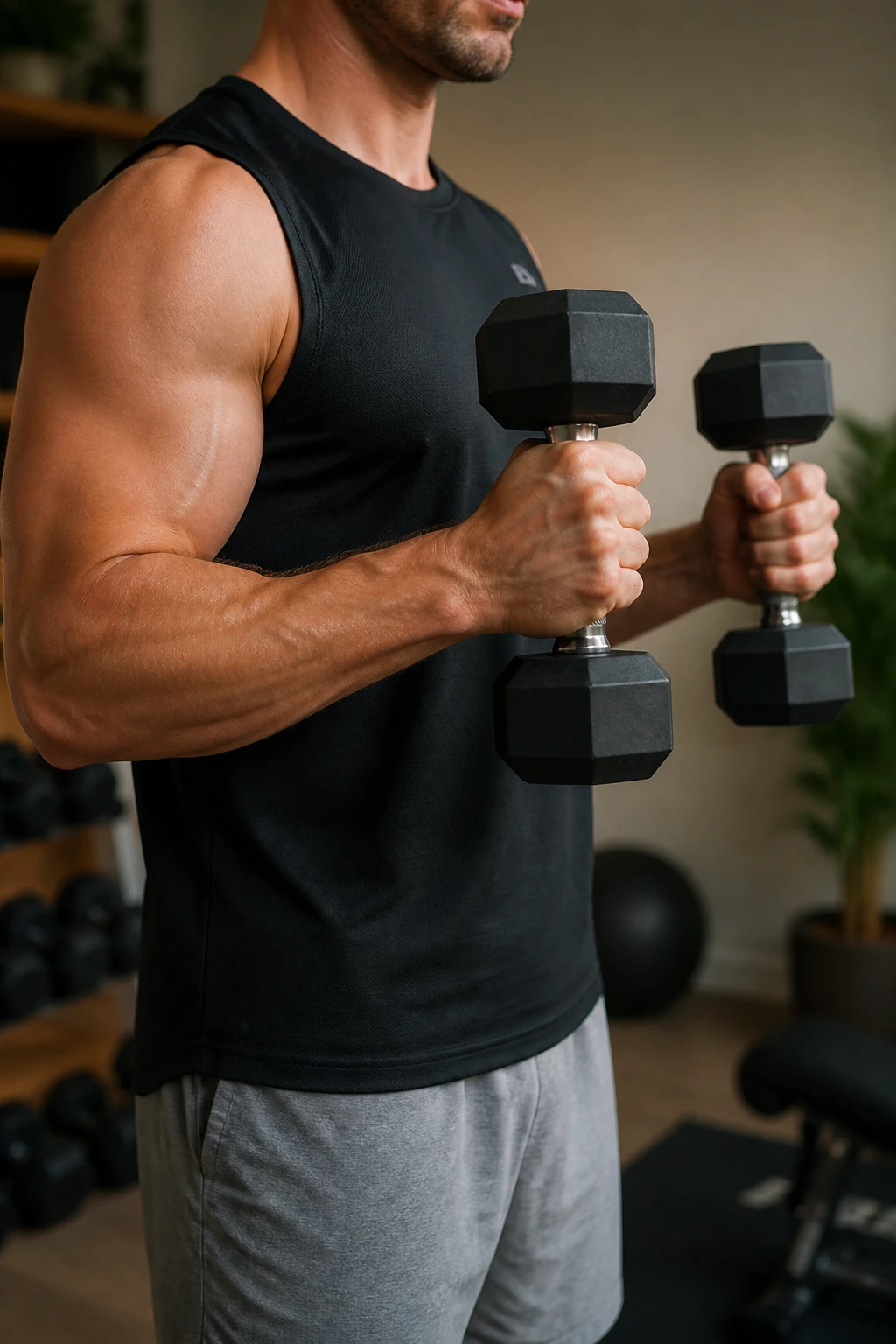 Close-up of a real person performing hammer curls with palms facing each other