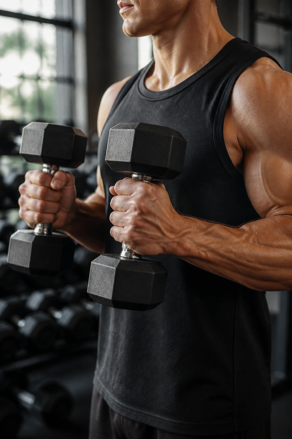 Close-up of a person performing a hammer curl with dumbbells, focusing on forearms and biceps in a gym.