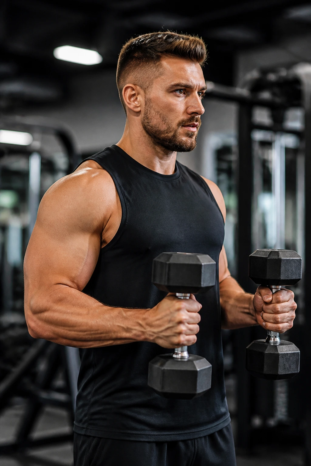 Close-up of a person performing a hammer curl with dumbbells in a gym