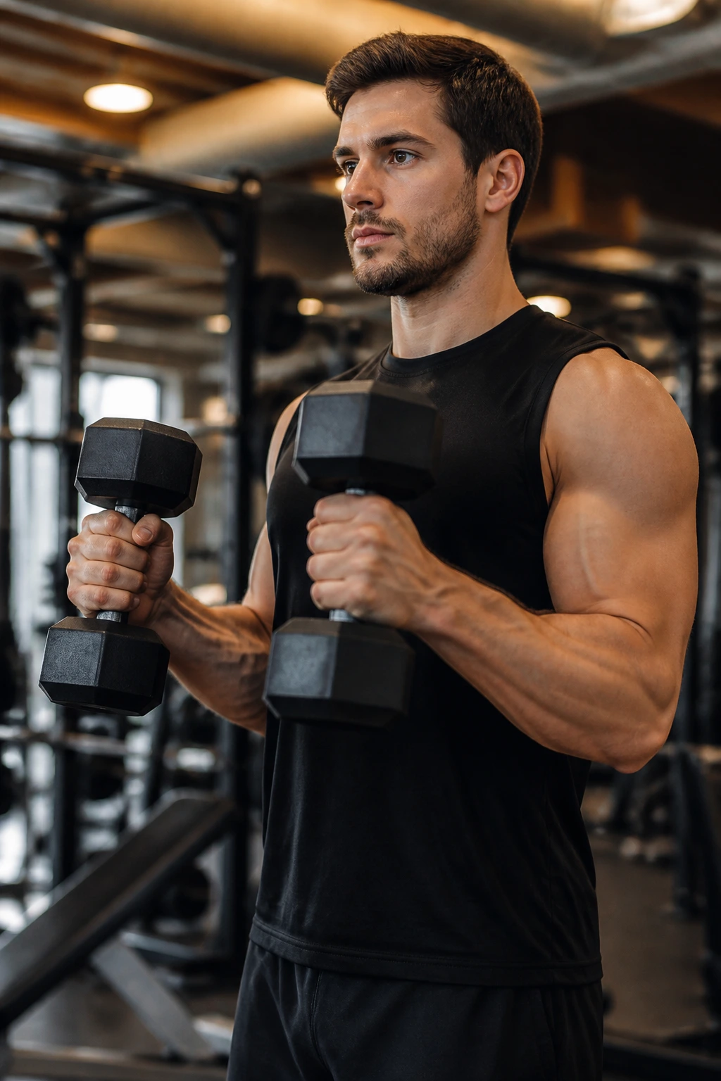 Close-up hammer curl with neutral grip in gym.