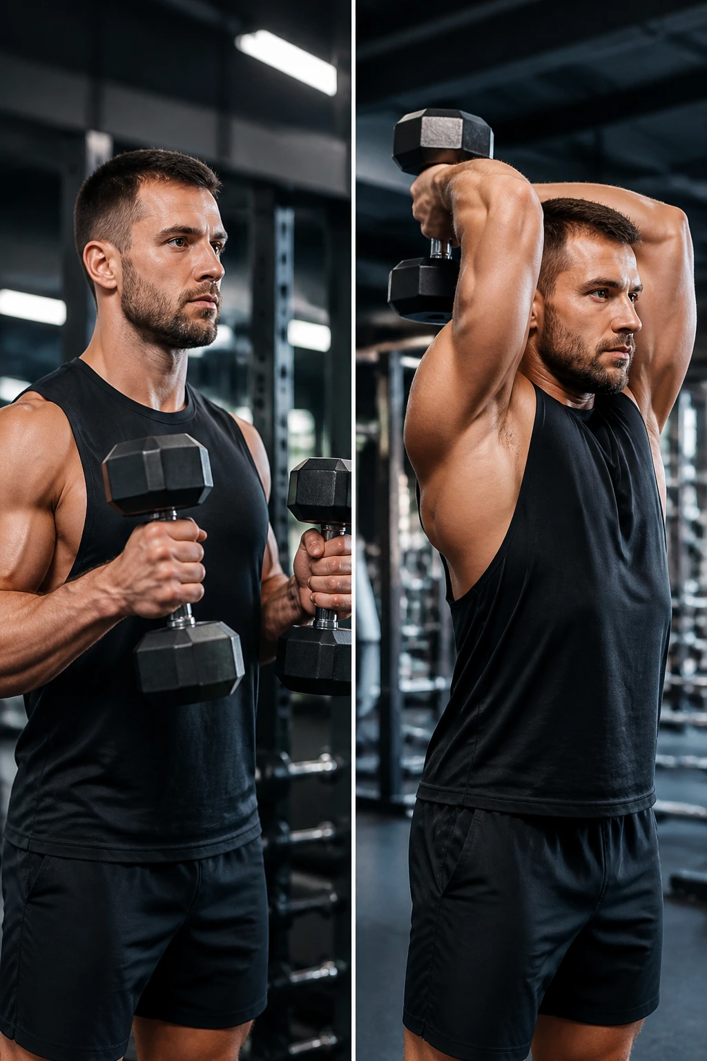 Split-screen hammer curl and overhead triceps extension performed by a real person