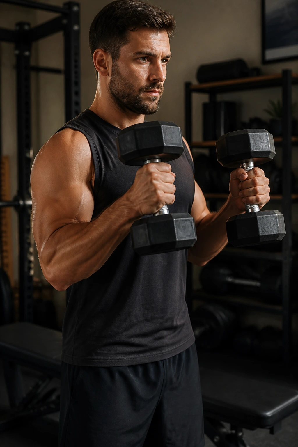 Real person doing hammer curls with neutral grip showing forearm and biceps engagement.