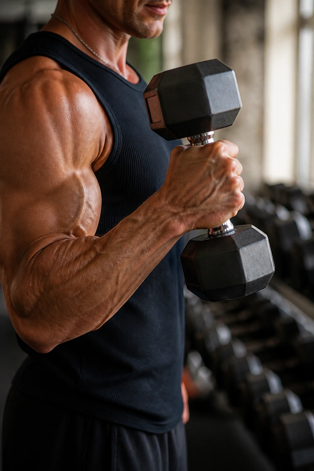 Close-up forearm performing hammer curls with dumbbell in gym