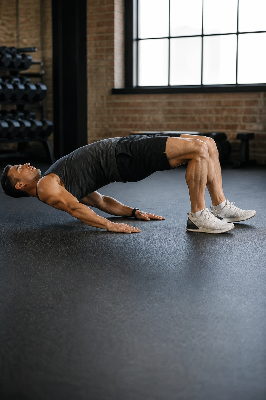 Mid-shot of a person in a bridge performing a hamstring bridge walkout with small steps