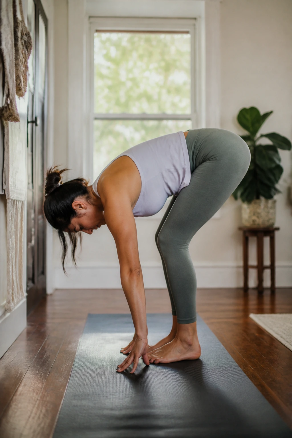 Person stretching hamstrings and calves in a home setting