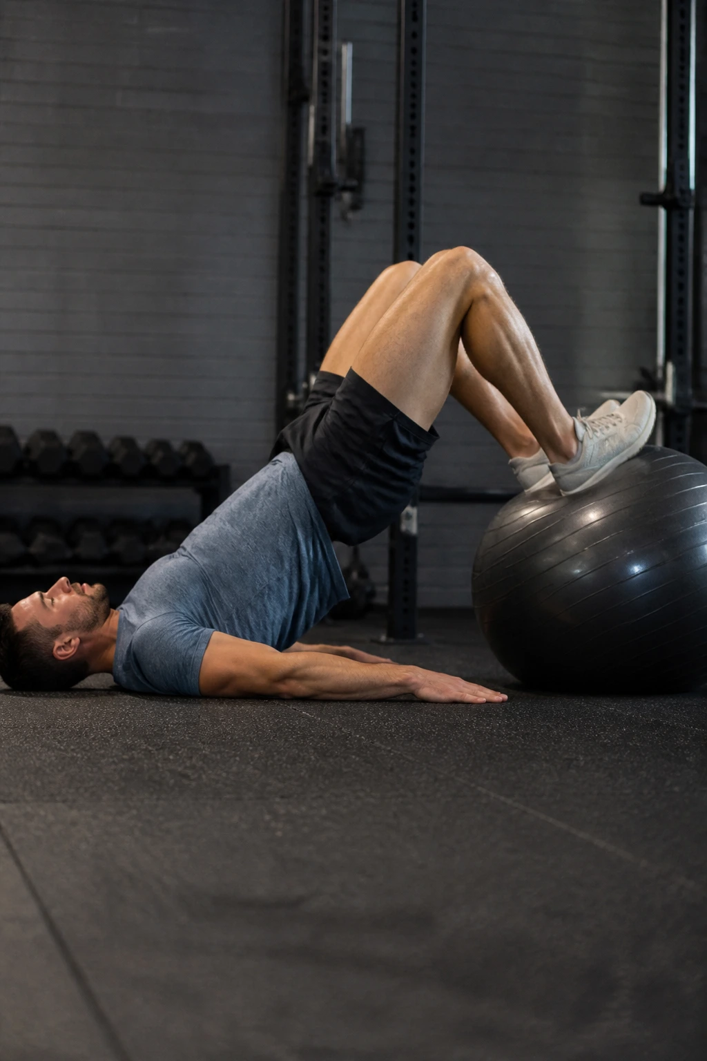 Person performing hamstring curls with stability ball