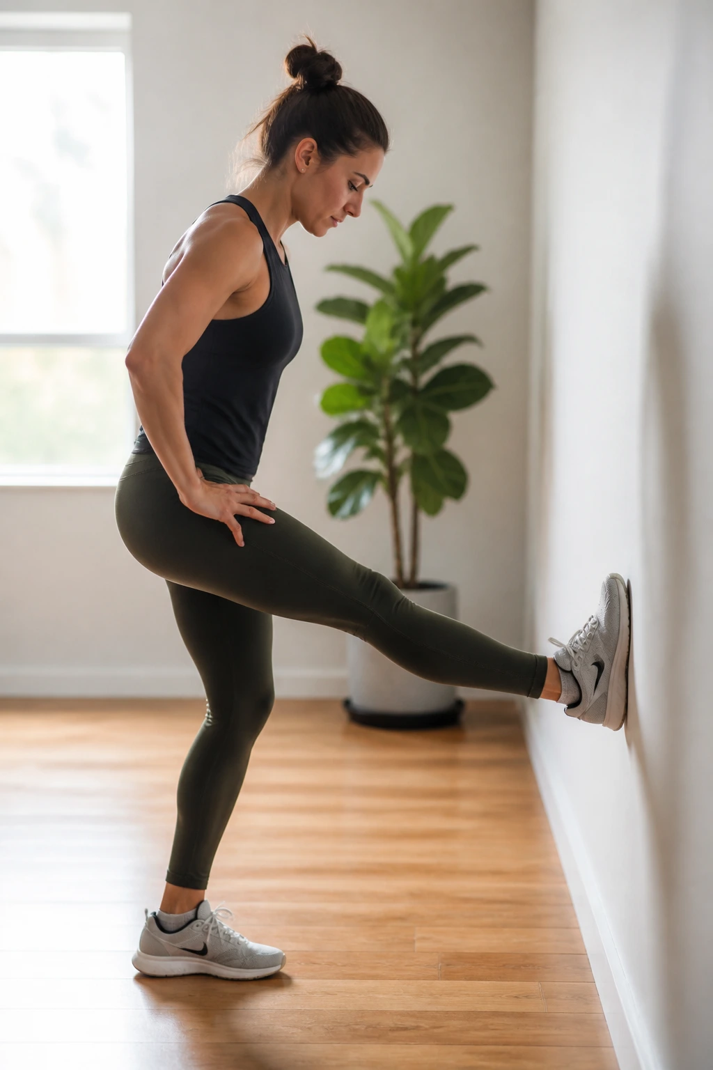 Person performing hamstring floss with bent knee near wall