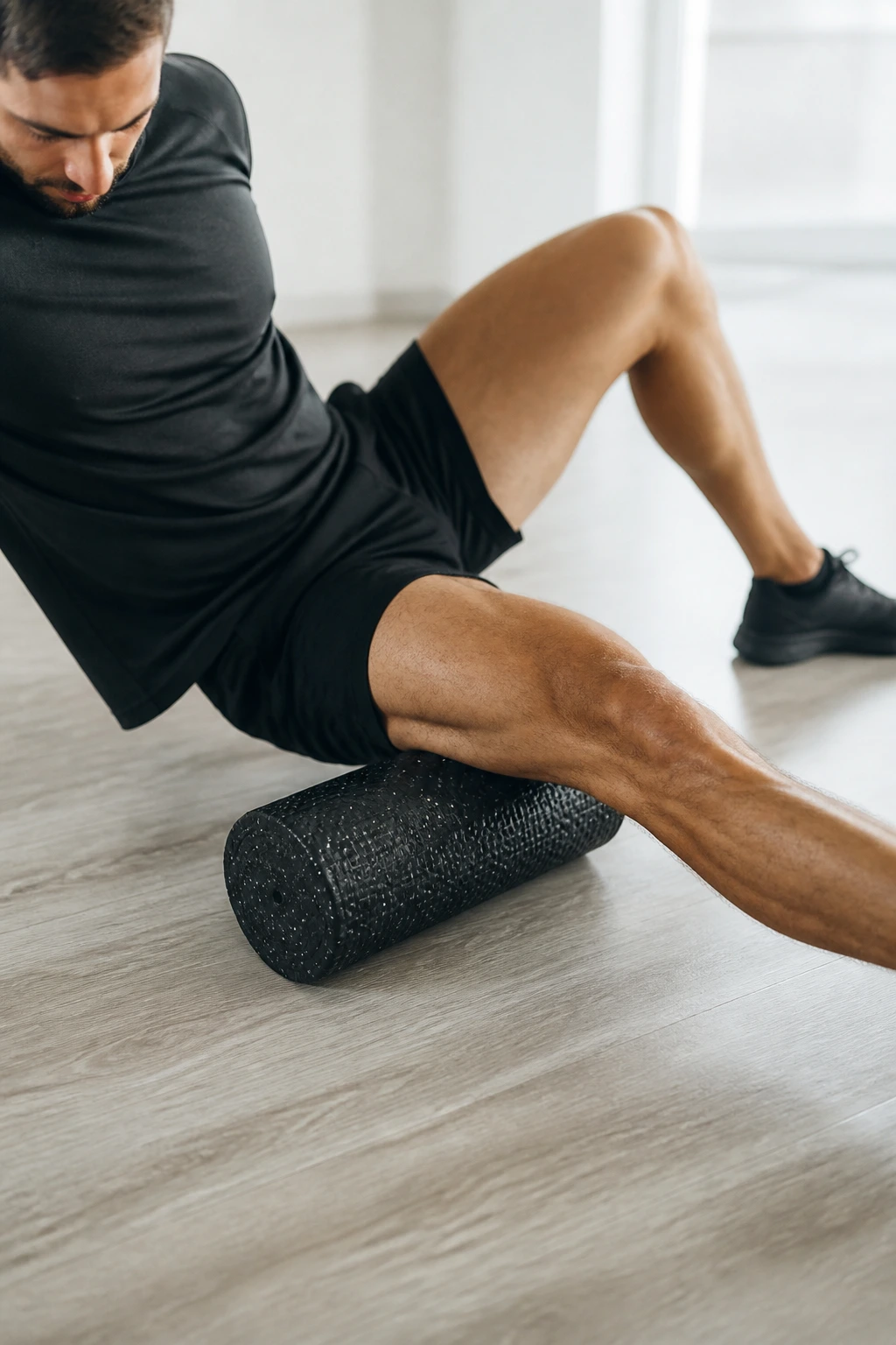 Hamstring being released with a foam roller on the thigh