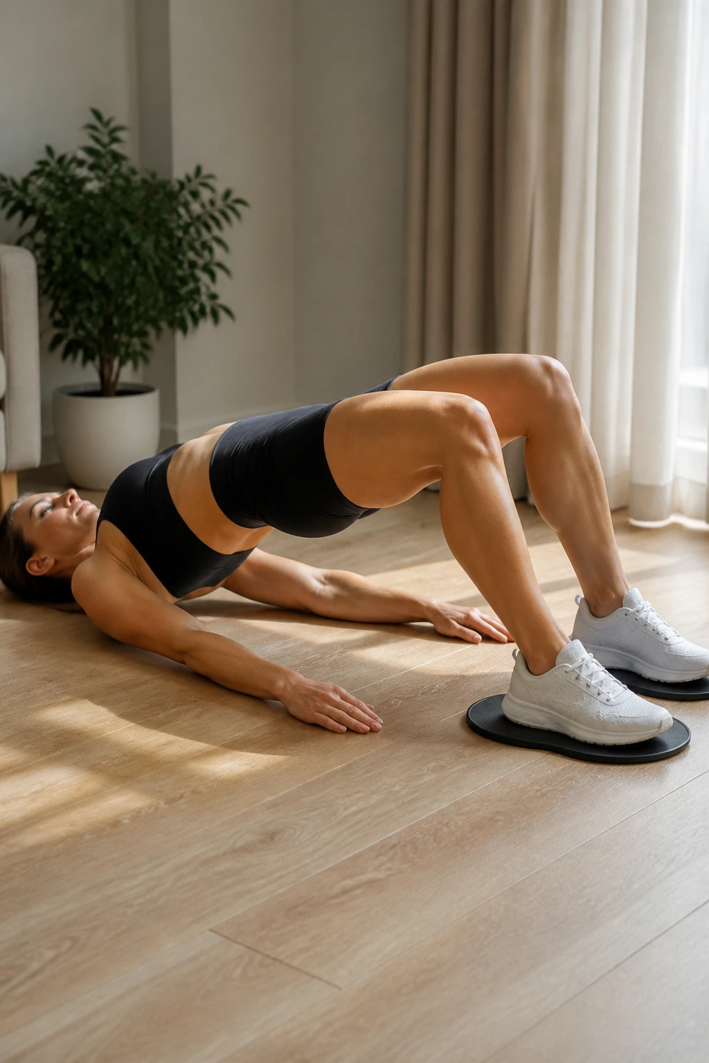 Woman performing hamstring slider exercise with sliders in a home setting