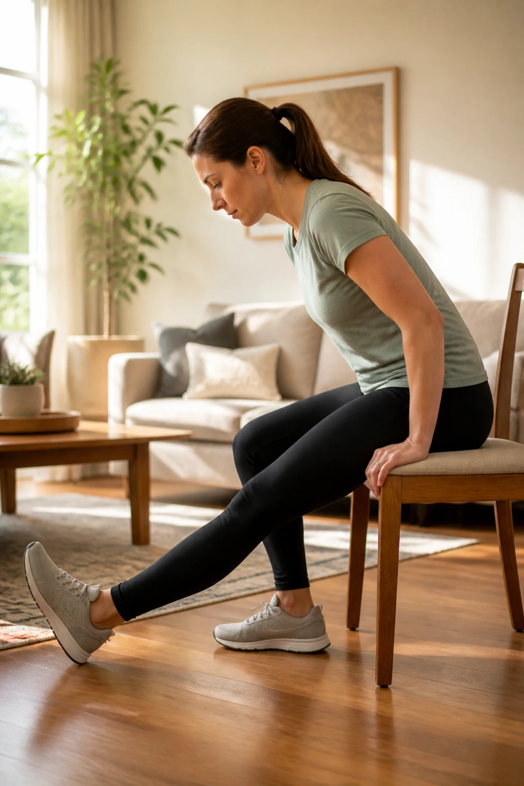 Real person seated on a chair performing a hamstring heel dig stretch with a flat back.
