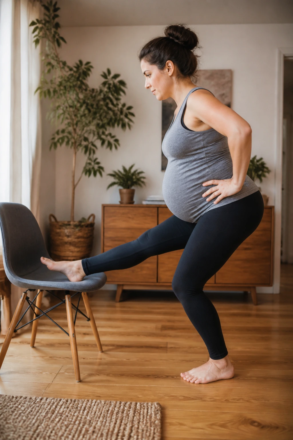 Pregnant woman hamstring stretch with heel on chair