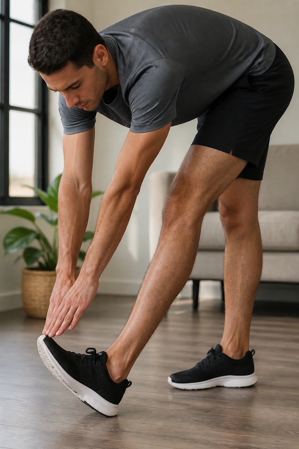 Portrait of a person performing standing hamstring reach with a straight leg.