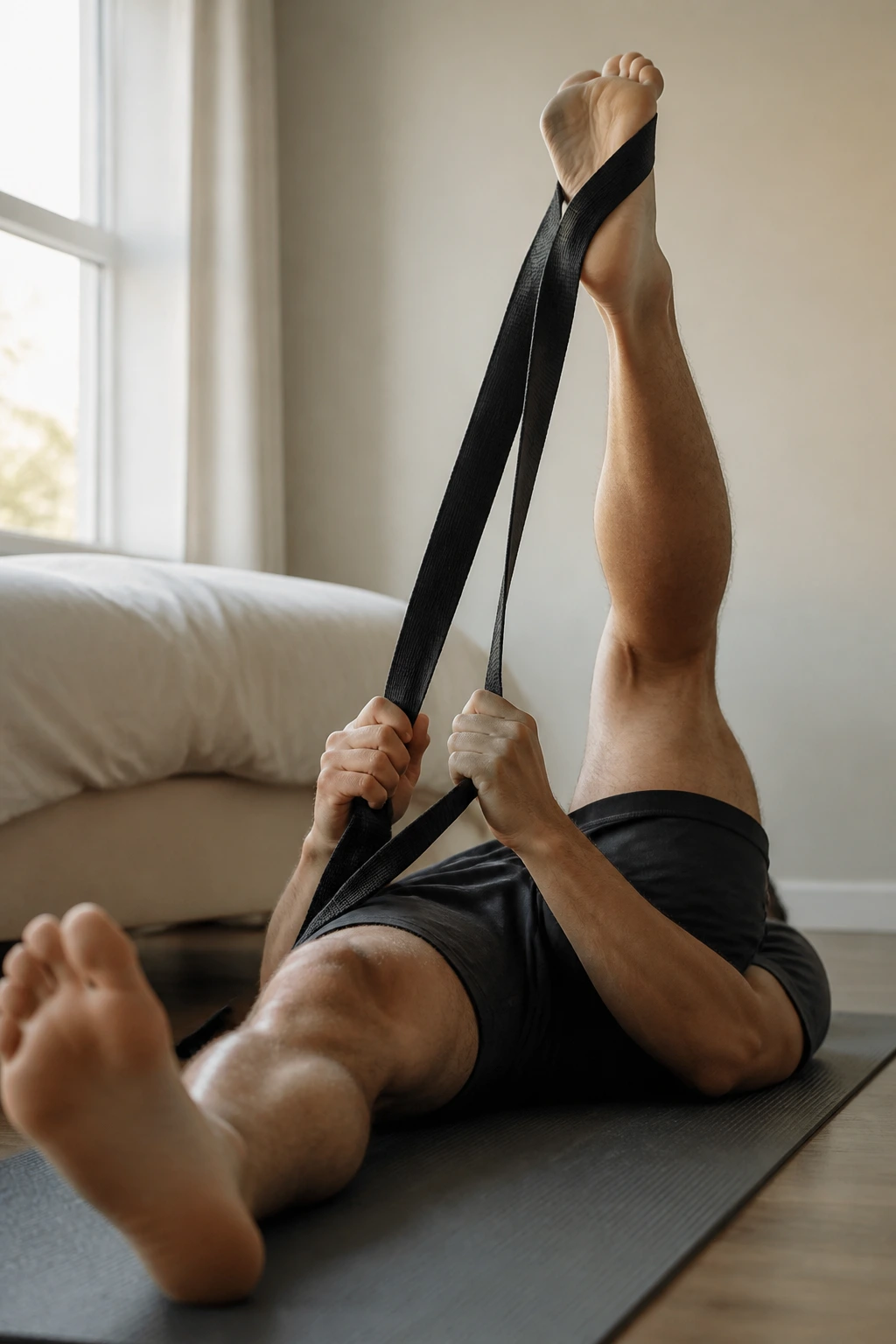 Leg stretched with strap to target hamstrings
