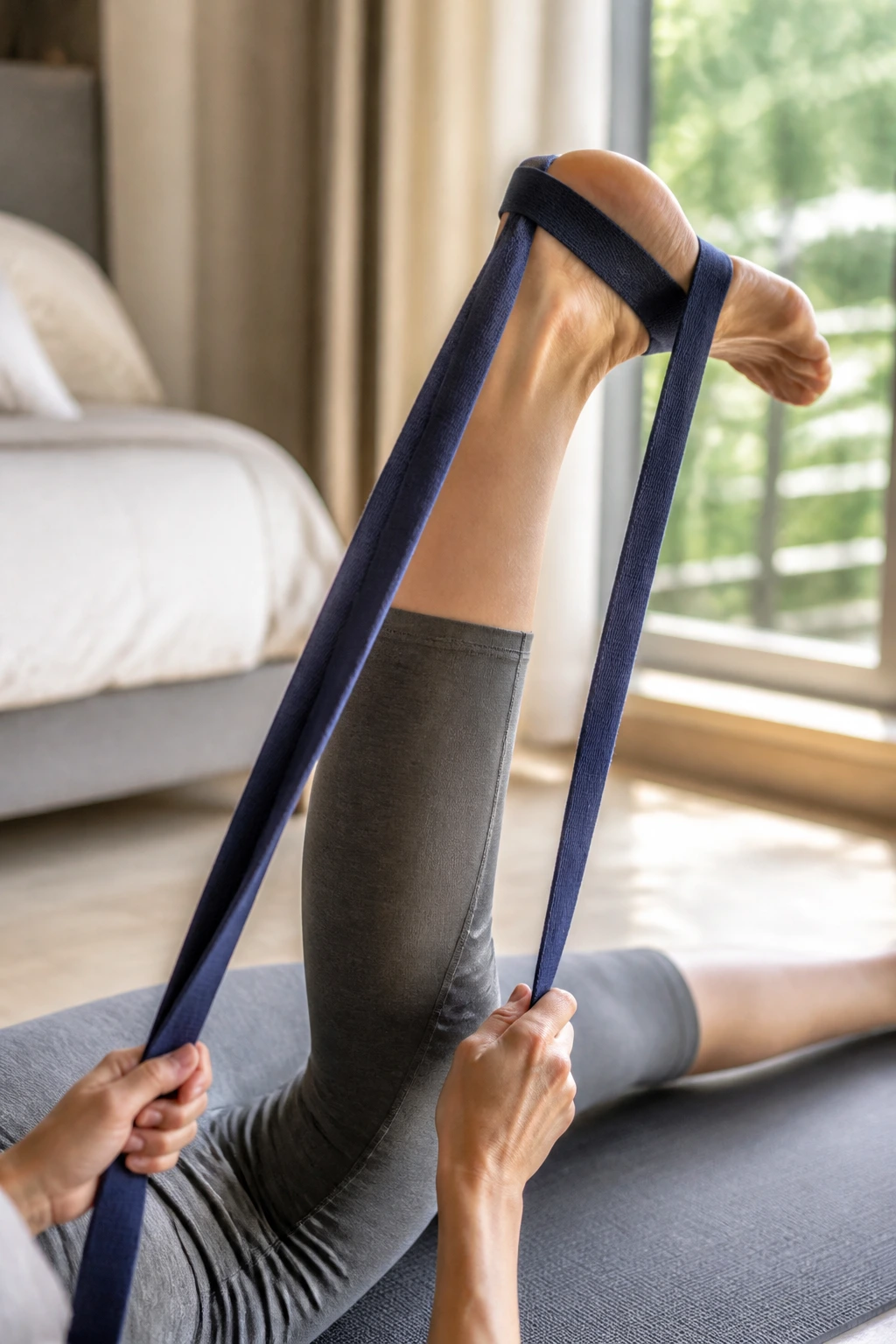 Close-up of leg with strap around the foot during reclining hamstring stretch on a mat.