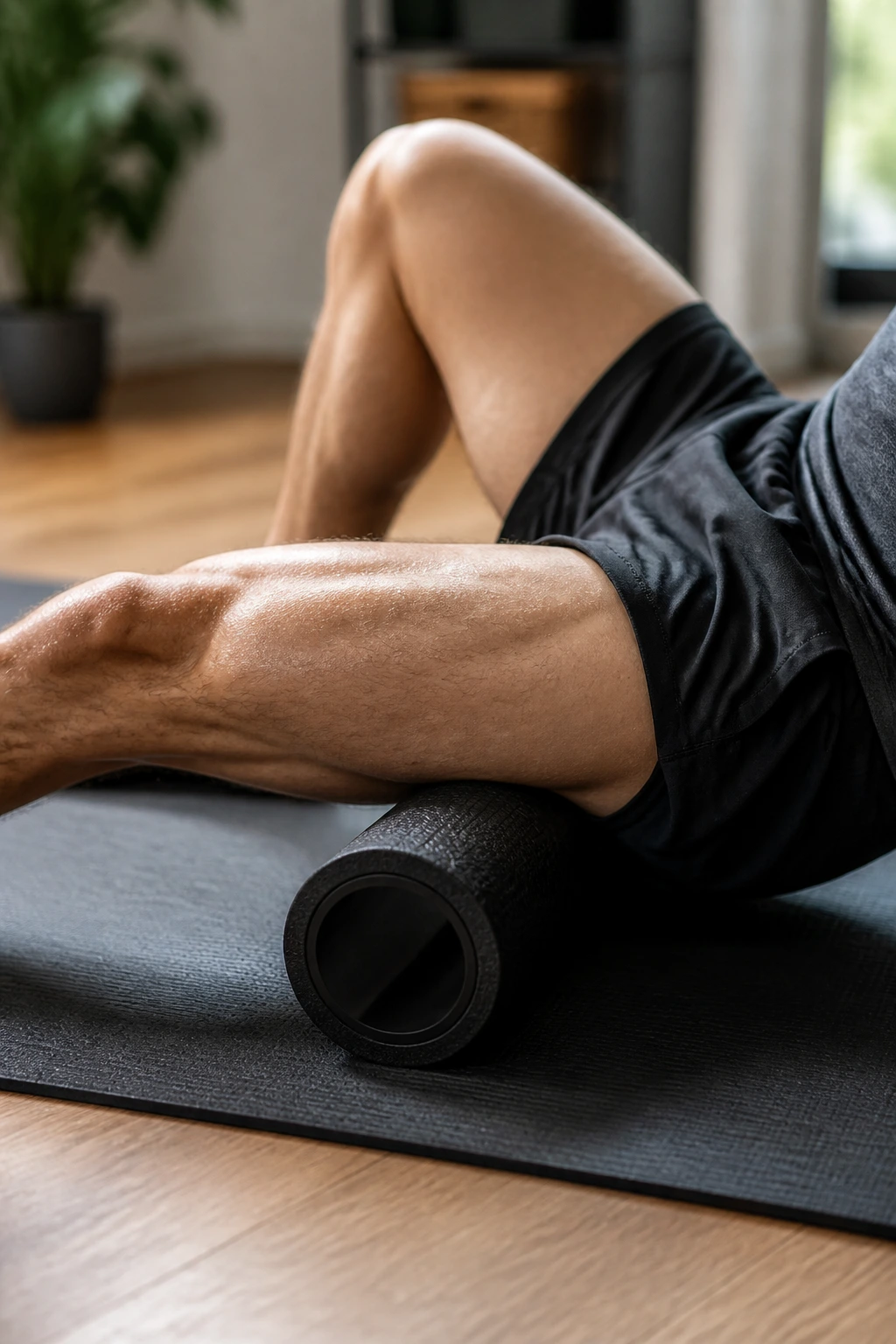 Hamstrings being rolled by a foam roller in a home setting