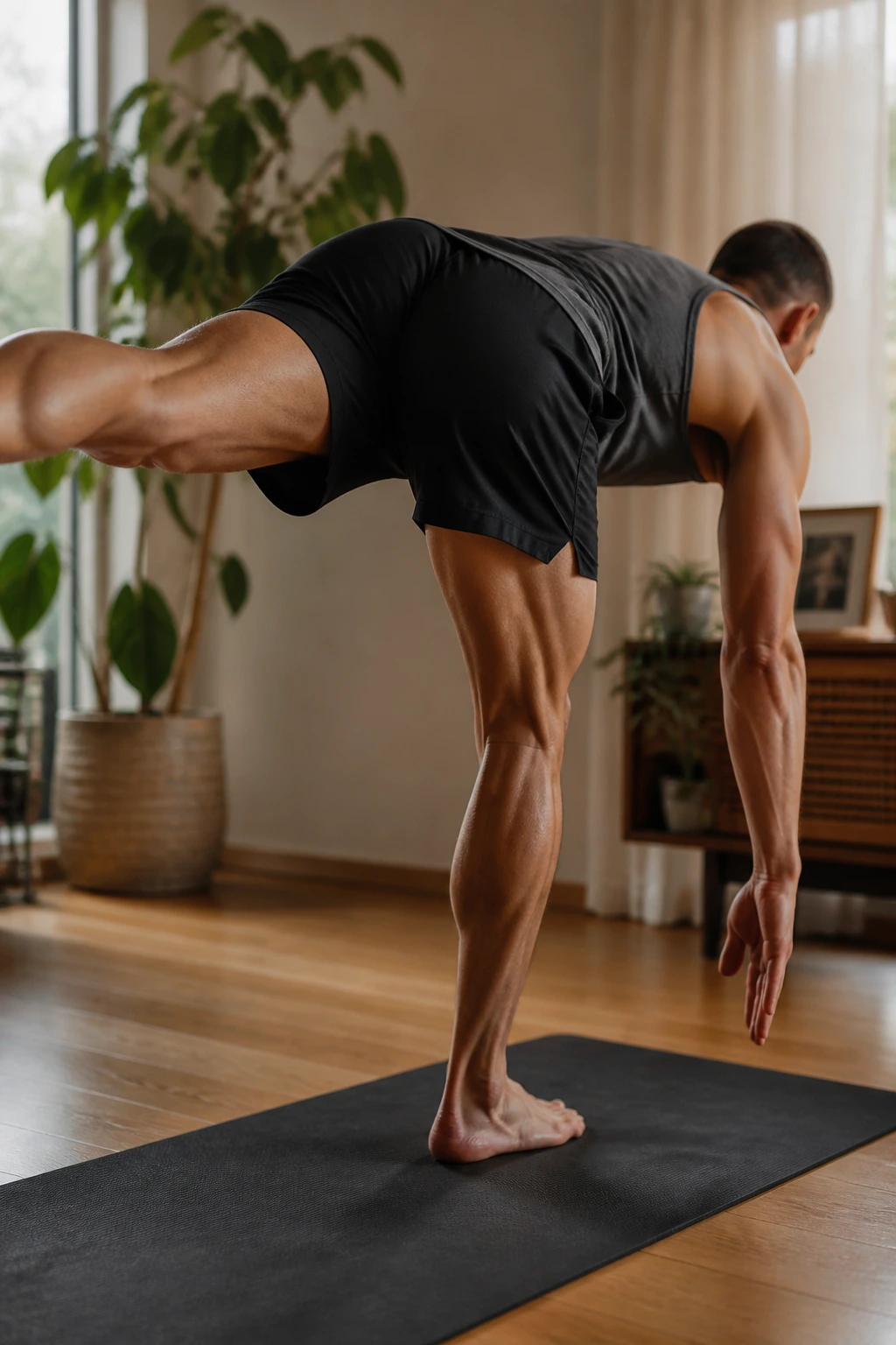 Close-up of a person performing hip hinge single-leg RDL reach for hamstrings at home