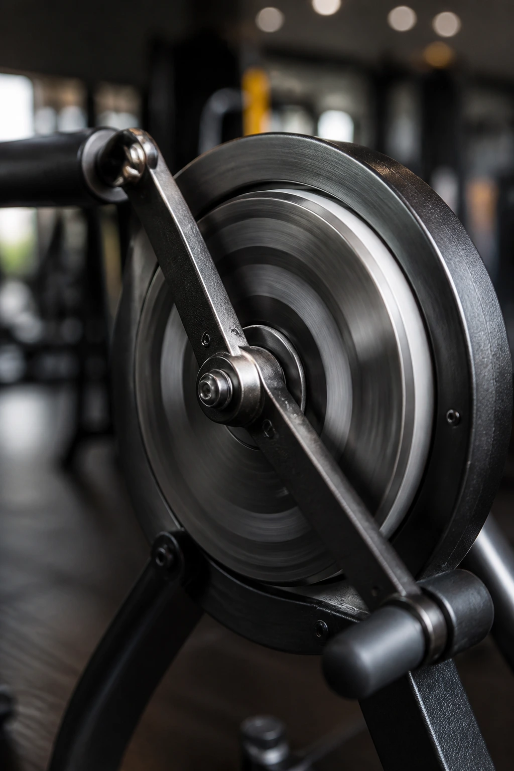 Close-up of hand-crank cycling wheel in motion