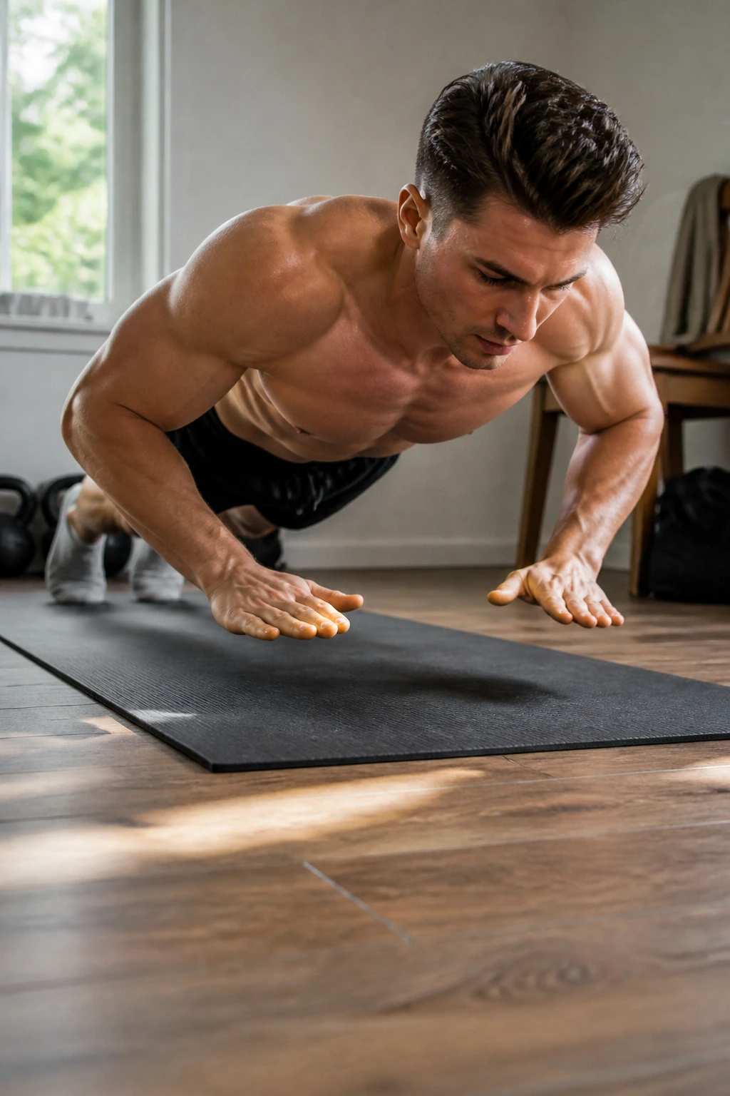 Close-up of a person performing a hand-release push-up on a yoga mat in a home setting
